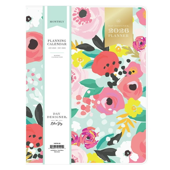 Blue Sky Day Designer 2026 Monthly Planner Calendar, January 2026 - December 2026, 8.5" x 11", Clear Flexible Cover, Stapled Binding, Secret Garden Mint