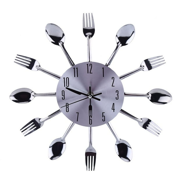 Herwey Kitchen Wall Clock, Large 3D Mirror Surface Silver Modern Design Cutlery Kitchen Utensil Spoon Fork Wall Clock DIY