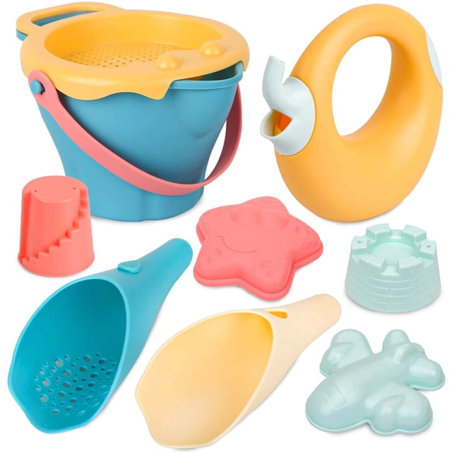 Juegos de playa para niños, juguete de playa de 9 piezas con cubo de playa, moldes de arena, bolsa de malla, juego de playa, juegos de agua al aire libre para niños JAMW Sencillez