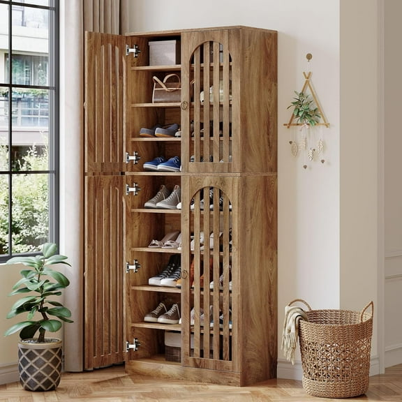 Tribesigns 70.86" Tall Shoe Storage Cabinet with Doors and  9 Shelves, 27-36 Pairs Farmhouse Shoe Organizer Rack for Entryway Hallway Living Room, Closet, Brown