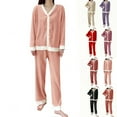 thumbnail image 2 of Fengactive Womens Pajama Set 2 Piece Trimmed Long Sleeve V Neck Button Down Top and Long Pants Soft Comfy Lounge Sleepwear, 2 of 8