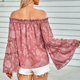 thumbnail image 4 of Top fruncido con volantes y hombros descubiertos para mujer, dobladillo suelto, manga larga acampanada, blusa con estampado de flores, camisa rosa oscuro S, 4 of 6