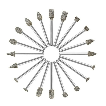 

Pinnaco Diamond Burr Set Rotary Grinding Burrs for Stone Carving 20pcs Drill Bits with 1/8 Inch 3mm Shank Universal Fitment for Rotary Tools