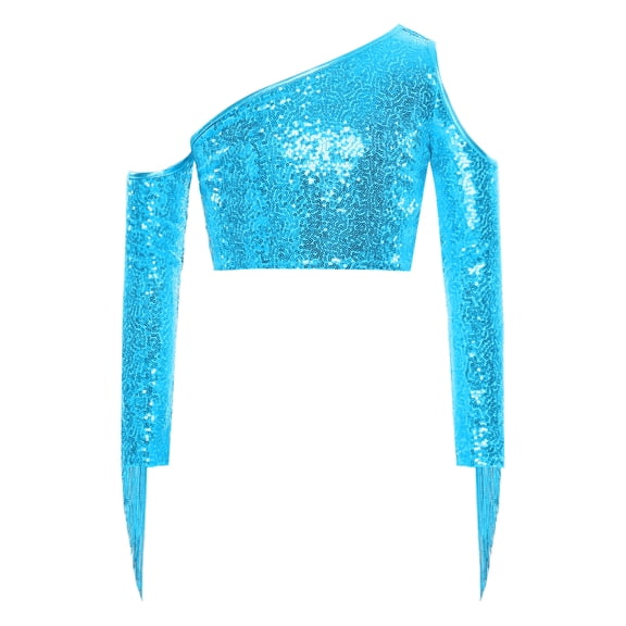 vastwit Girls Sequin Irregular Crop Top Tassels Off Shoulder Long Sleeve Dance Shirts for Performance Light Blue 16