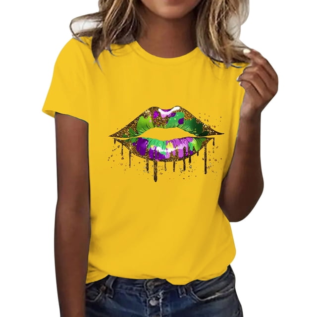 LUOGENLI T-shirts pour Femmes T-shirts Décontractés et à la Mode Imprimé Bali Col Rond Manches Courtes T-shirts Amples Blouse Hauts T-shirts pour Femmes Tee Graphique Saint-Valentin Jaune TG