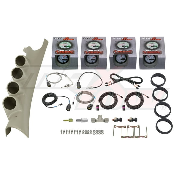 GlowShift | Taupe Quad Gauge Pillar Pod for 2003-2009 3rd Gen Dodge Ram 24v Cummins with White & Green Double Vision Series 60 PSI Boost, 1500F Pyrometer EGT, Trans Temp & 30 PSI Fuel Pressure Gauge