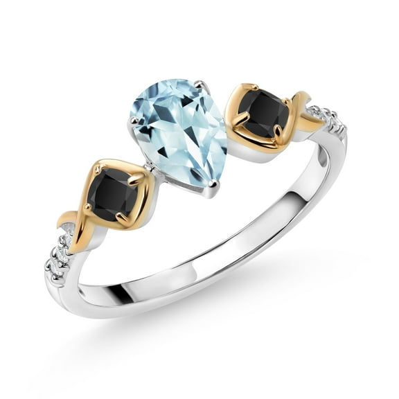 Gem Stone King 0.96 Ct Sky Blue Aquamarine Black Onyx 925 Silver and 10K Yellow Gold Ring (Size 9)