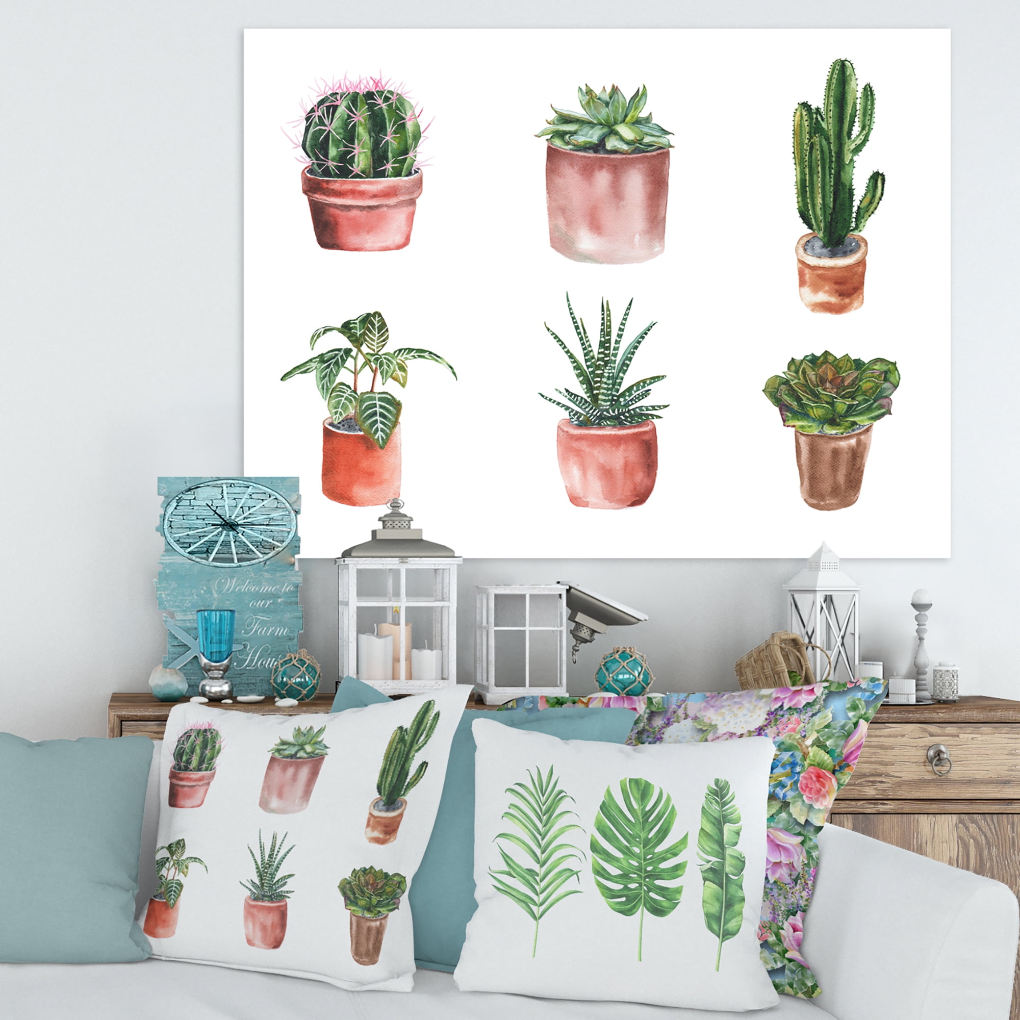 Cactus and Succulents In A Clay Pot 32 in x 24 in Painting Canvas Art Print, by Designart