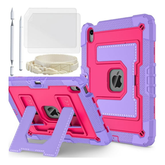 Case for iPad Air 10.9 (2022/2020) 5th/4th with Slidable Foldable Kickstand/Screen Protector/Shoulder Strap/Capacitive Pen Slot, Soft Silicone Hybrid Armor Cover Drop/Shock Protection