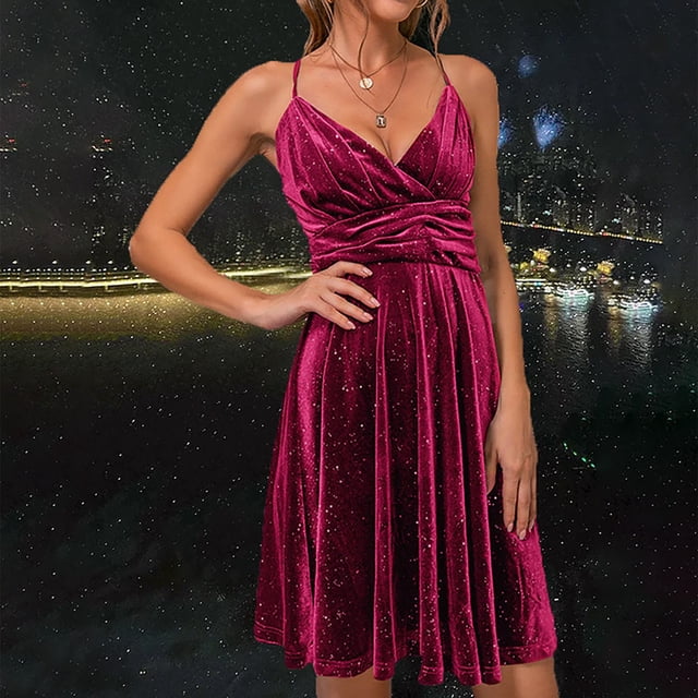 HKEJIAOI Robes de Cocktail Cadeau d'Anniversaire Mode Femmes Décontracté Uni Aguichant Col en V Sans Manches Froncée Longue Robe Vin Soldes Liquidation