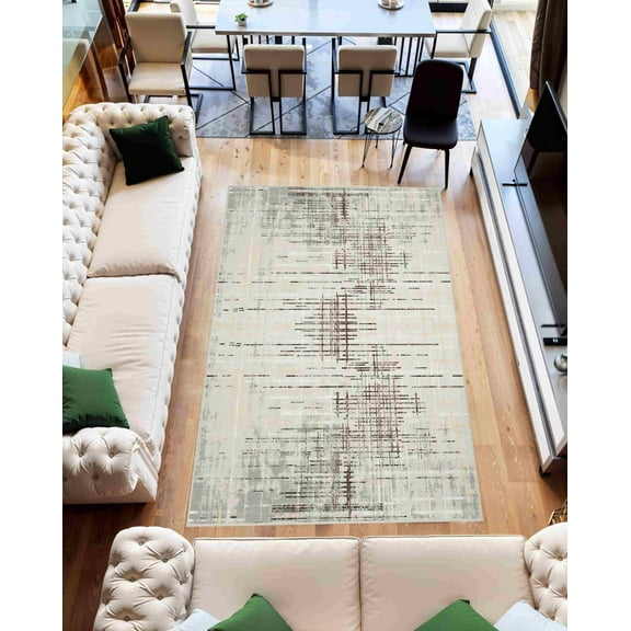 Machine Washable Area Rug 5x7 with Anti-Slip Backing Abstract Living Room Carpet Design 7706 Color Cream Beige