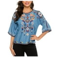 thumbnail image 3 of Higustar Embroidered Tops for Women Plus Size 3/4 Sleeve Tunic Tops Mexican V Neck Peasant Cotton Rayon Blouses Maxi Vintage Boho Bohemian Casual Loose Clothes-Blue/162-BLUE-162-L, 3 of 6