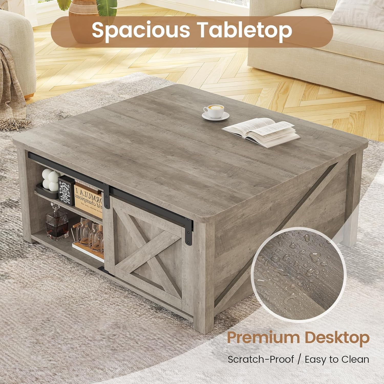 31.5" Square Lift Top Coffee Table, Farmhouse Coffee Table with Ample Storage, Wood Center Table with Sliding Doors and Large Hidden Space for Living Room Home Office, Grey