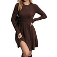 thumbnail image 3 of Womens Long Sleeve Fall Dresses with Flowy Casual Ribbed Knit Crew Neck Knee Length Sweater Dress Brown XL, 3 of 8
