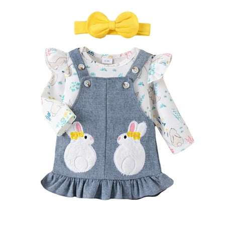 

Suealasg Baby Girl Easter Outfits Set 3M 6M 9M 12M 18M Toddler Girl Long Sleeve Romper + Bunny Suspender Skirt + Headband Set 3PCS Casual Spring Clothing for Infant Girl