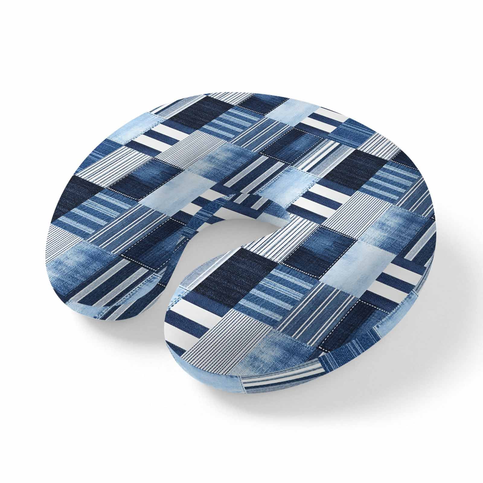 Neck Pillow Memory Foam Blue White Plaid Soft Breathable U-Shaped Travel Pillows Modern Geometric Striped Checkered Lightweight Ergonomic Neck Support Cushion for Home Office Airplane