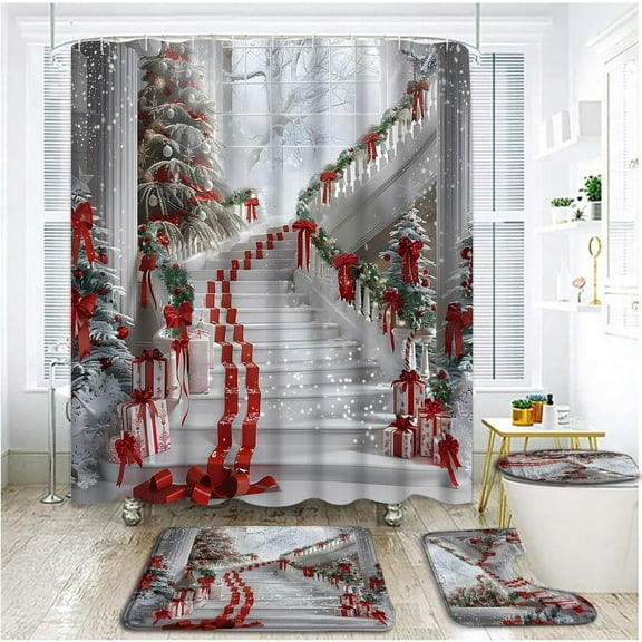 4 Piece Christmas Shower Curtain Set with Rugs, Toilet Lid Cover ,Gothic White Stairs Red Xmas Balls Pine Tree Twigs Berry Snowflake Romantic Winter Snow Scene Bathroom Shower Curtain with Hooks