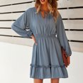 thumbnail image 3 of Vestido de línea A, manga larga abombada, cordón, cuello en V, cintura, vestido informal adelgazante para verano, 3 of 6
