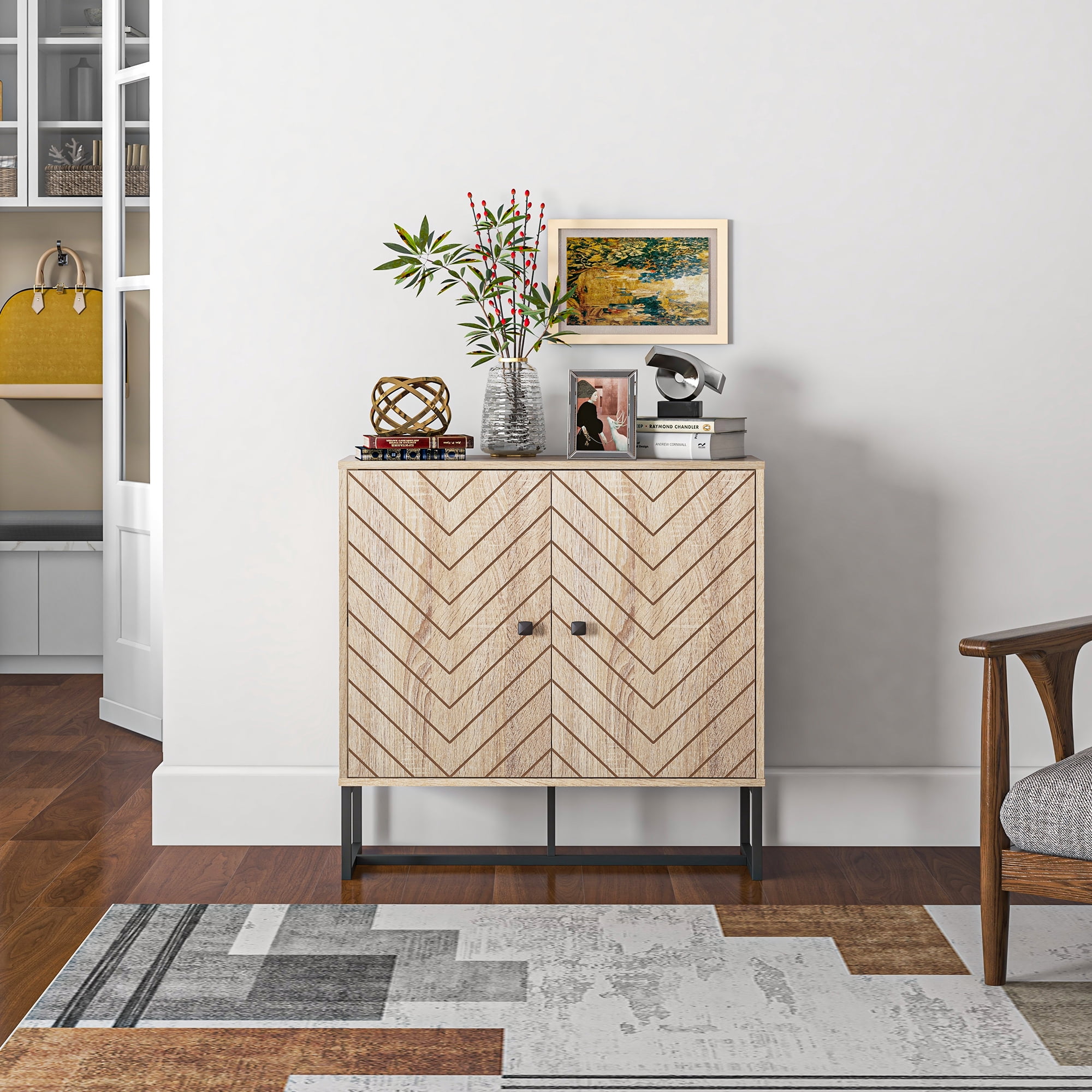 HOQBN 2‑Tier Storage Cabinet with Sturdy Steel Frame, Practical Handles and Decorative Tabletop, Unique Stylish Storage Unit for Living Room Bedroom Entryway