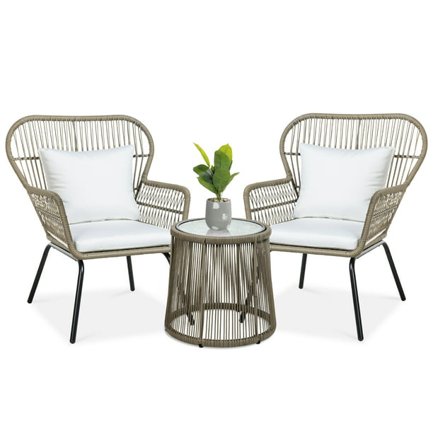 Best Choice Products 3 Piece Patio Wicker Conversation Bistro Set W 2 Chairs Glass Top Side Table Cushions Tan Com - Patio Furniture Bistro Cushions