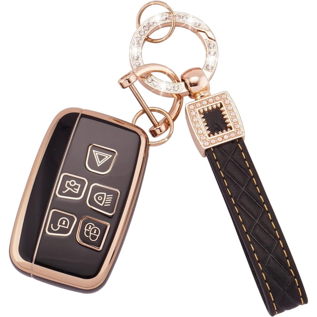 Car Key Fob Cover Fit for Range Rover Sport Evoque LR4 Jaguar XF XJ XJL F-pace 5 Buttons TPU Soft Key Shell Case Smart White Car Key Protector with Bling Leather Keychain,1,Black
