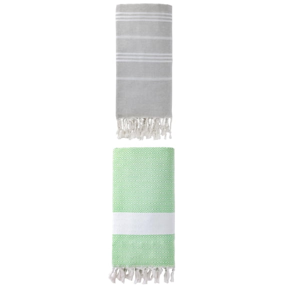 Unique Bargains 2Pcs Turkish Striped Sand Free Fabric Towel Grey Green 71" x 35"/71" x 40"