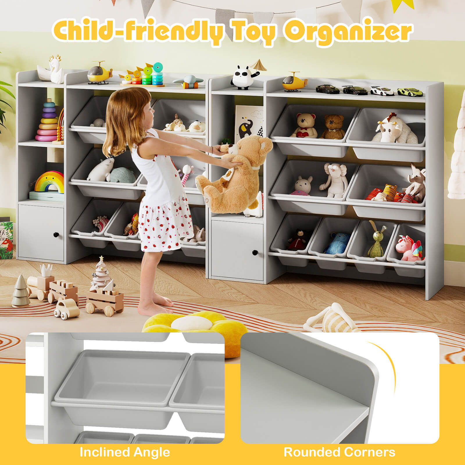 Costway Kids Toy Storage and Bookshelf, Wooden Bookcase with 4 Small Boxes & 4 Large Boxes Gray