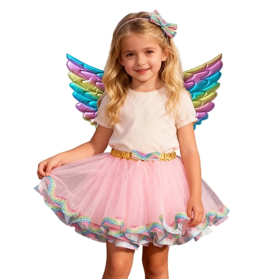 CUZIBR Girls Tutu Skirt Rainbow Ruffles Cute Bow Elastic Waist Layered Tulle Skirts With Sparkly Headband Wings Performance Festive Valentine Party Dancewear Set,Pink,2-4 Years