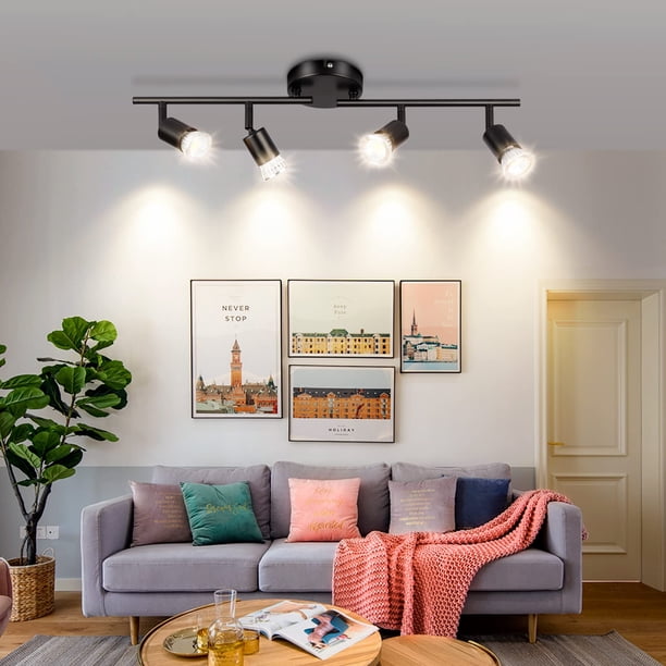 JSXing Kit de iluminación de riel, iluminación puntual de techo de 4 vías negra, cabezal de luz giratorio flexible, luz de riel (bombilla no incluida 4 luz, negro)