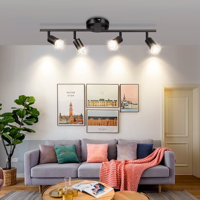 JSXing Kit de iluminación de riel, iluminación puntual de techo de 4 vías negra, cabezal de luz giratorio flexible, luz de riel (bombilla no incluida 4 luz, negro)