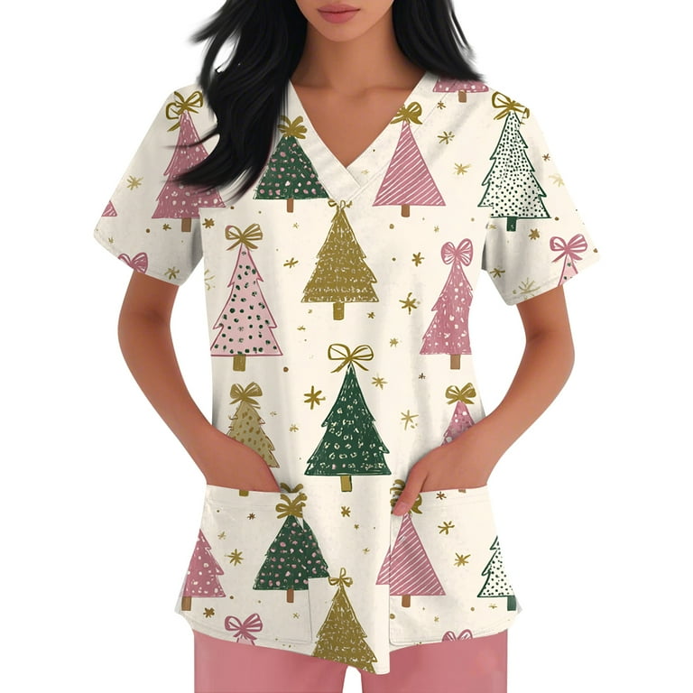 Stichou Womens Christmas Scrub Tops Plus Size Christmas Tree