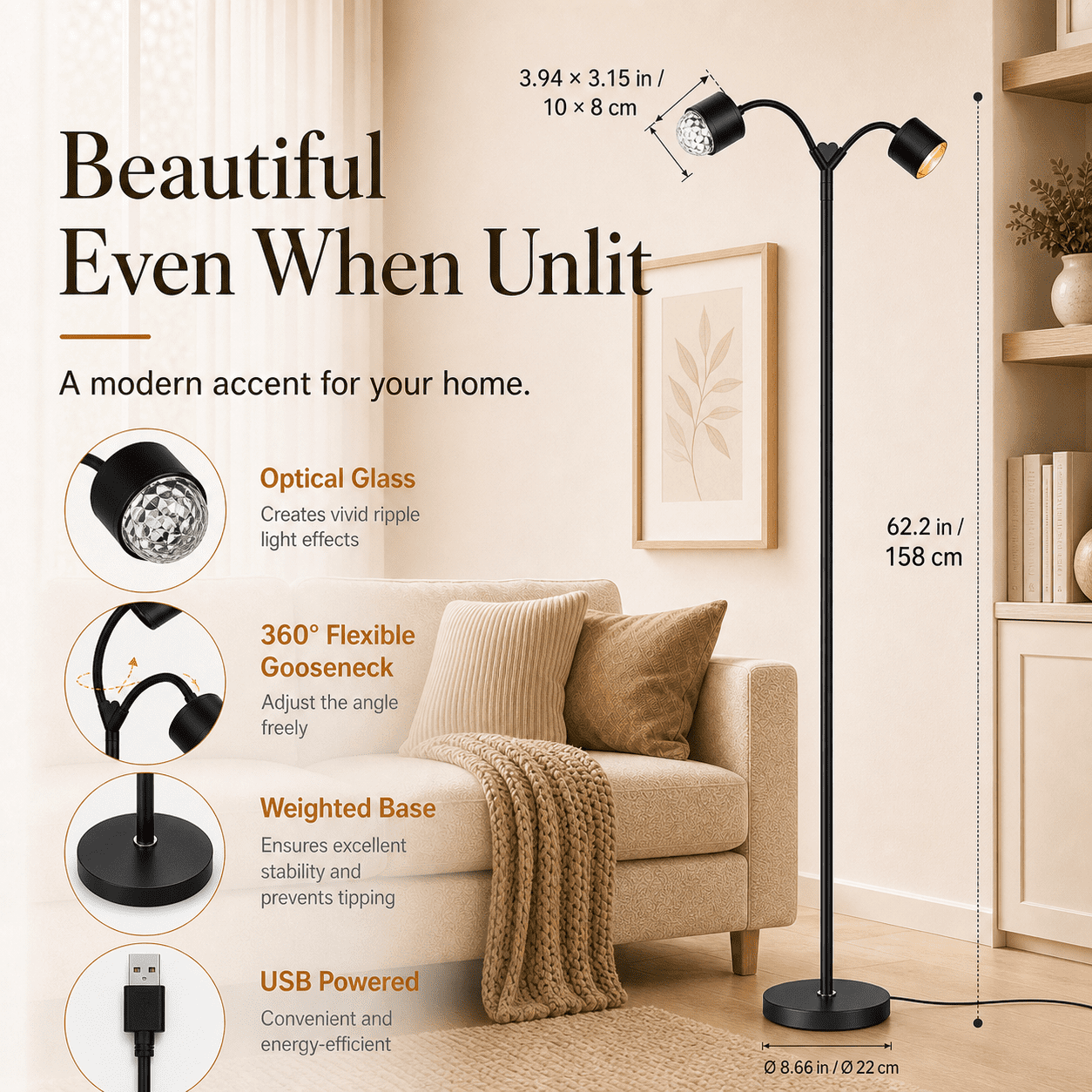 MEHOOM Double-Headed Floor Lamp , 360°Rotating Sunset Lamp Ambiance Comes with 7 Color Swatches, Modern Floor Stand Night Light for Living Rooms, Bedrooms & Offices
