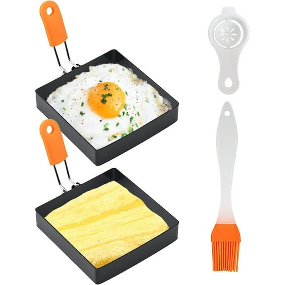4" Square Egg Rings Set for Frying - 2 Pcs Egg Pancake Cooking Rings with Silicone Handle, Bonlting Non Stick Stainless Steel Omelet Maker Egg Mold for Breakfast Sandwiches