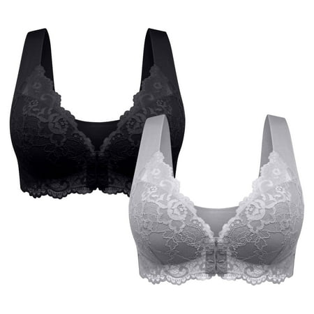 Blczomt Balconette Plus Size Bra Black Front Closure Seamless Lace Bras 2PC