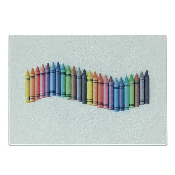 Crayon Cutting Board, Photo of Wavy Border Tiny Children's Painting Craft on Plain Backdrop Print, Decorative Tempered Glass Cutting and Serving Board, in 3 Sizes, by Ambesonne