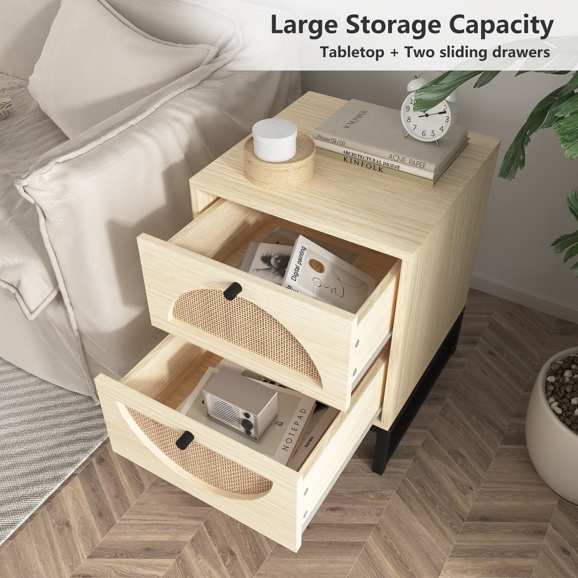 Finihen Rattan Nightstand, Modern Boho Farmhouse Wood Bedside Table with 2 Drawer, Metal Frame Side End Table for Bedroom, Living Room, Office, Beige Finihen Rattan Nightstand, Modern Boho Farmhouse Wood Bedside Table with 2 Drawer, Metal Frame Side End Table for Bedroom, Living Room, Office, Beige