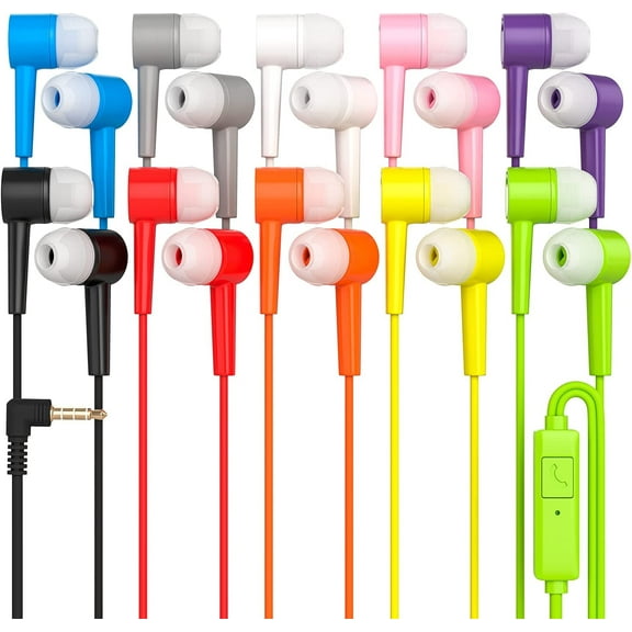 Redskypower Bulk Wired In-Ear Earbud Headphones with Remote and Microphone, 4ft Cord, L Shape 3.5mm Connector, 10 Pack Assorted