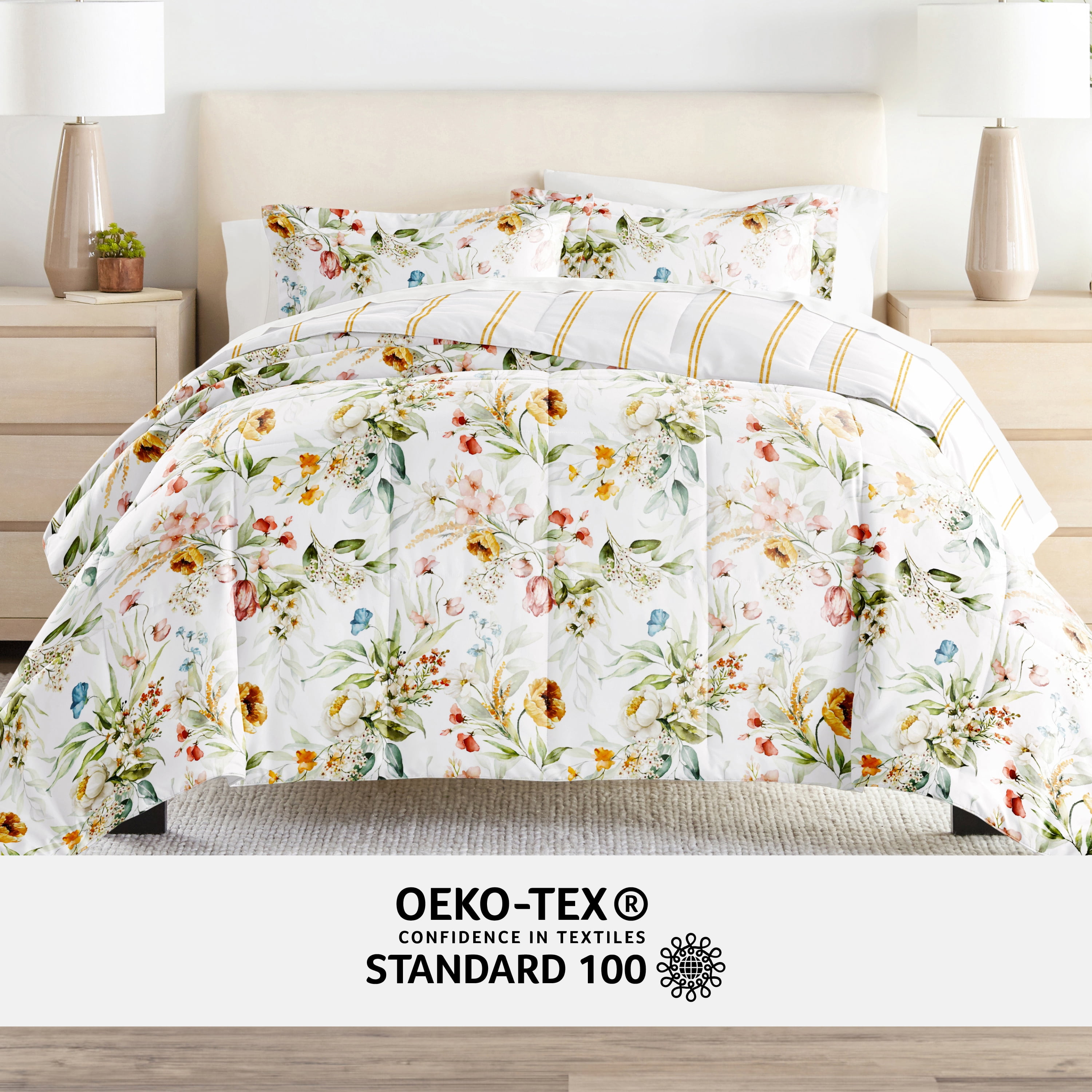 Noble Linens 5 Piece Bedding Bundle, Microfiber Patterned Comforter and Sheet Set, TwinXL
