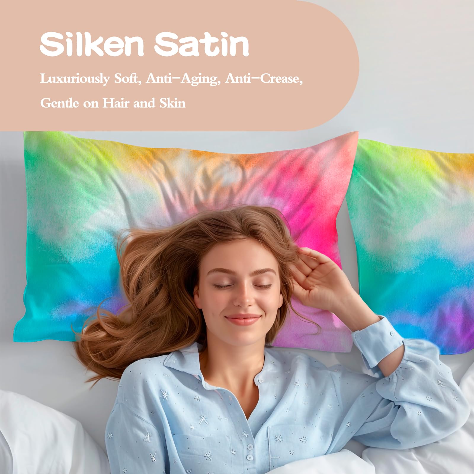 Satin Pillowcase For Hair And Skin Softer Than Mulberry Silk Pillow Cases 2 Pack  Fade Resistant Pillowcases With Zipper Standard Size Set Of 2 Rainbow Tie Dye