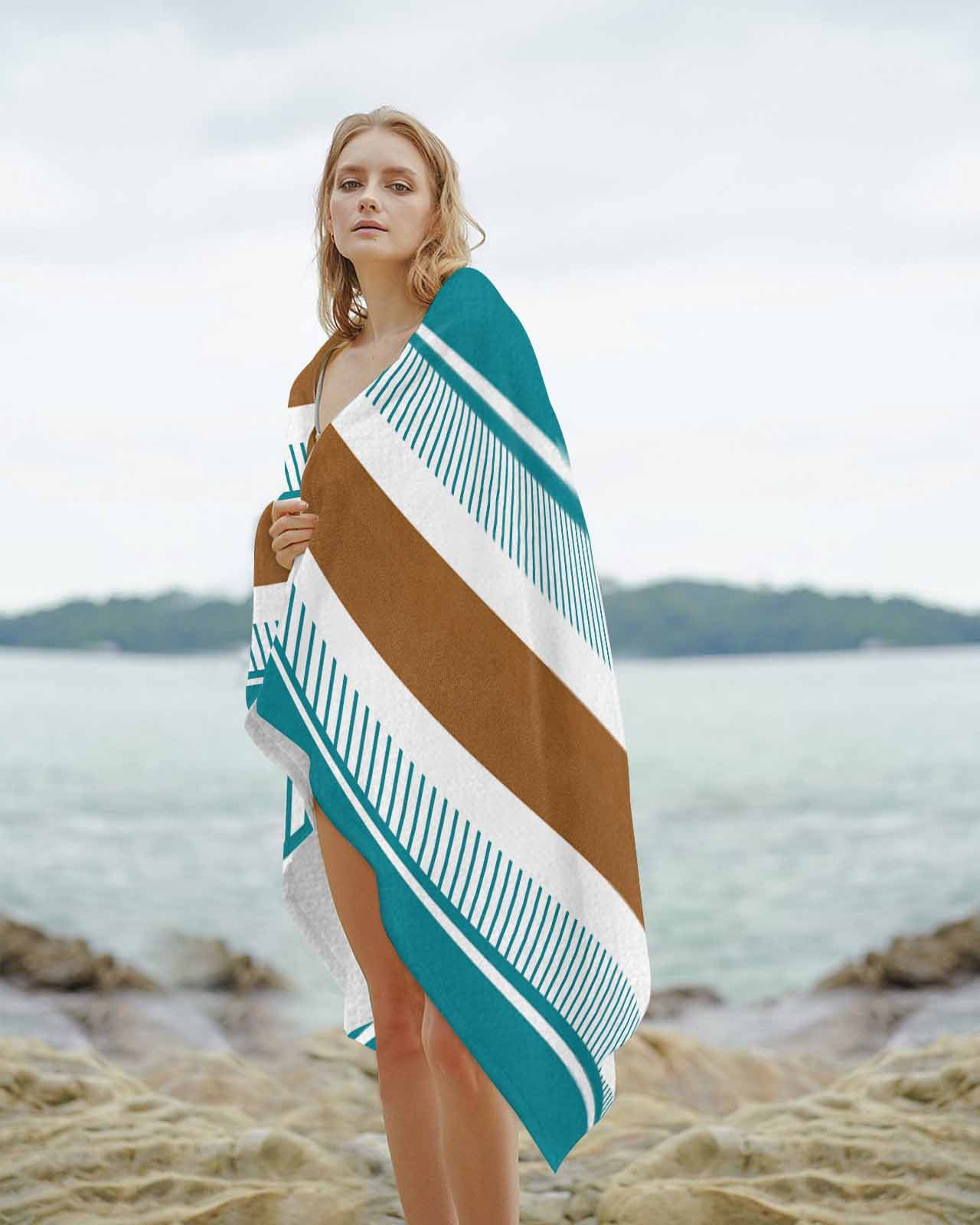Modern Brown Teal Beach Towels Oversized Super Absorbent, Boho Contemporary Geometric Striped Lightweight Bath Towel Quick Dry Sets For Bathroom/Pool/Rv Camping/Beach Play/Gym Room/Picnic 23"x47"