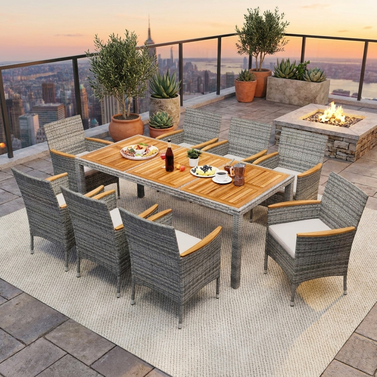 Furnibear 9 Piece Patio Wicker Dining Set Outdoor Conversation Set with Cushioned Chairs and Large Table for Deck Garden, Gray and Off White