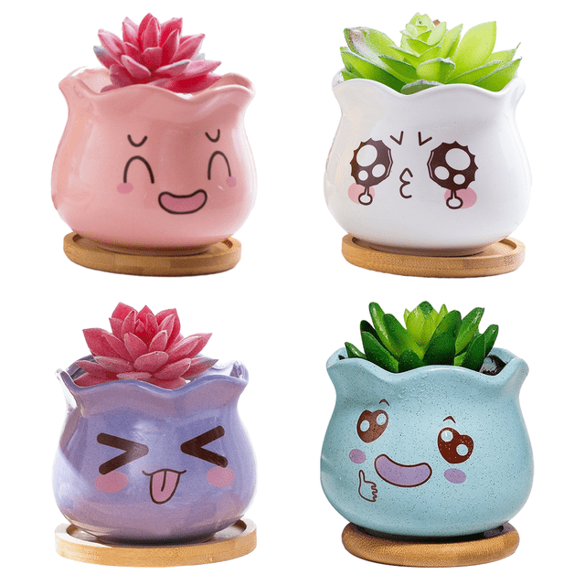 Maceta para suculentas con drenaje, decoración única para el hogar, florero de cerámica con forma de gato y dibujos animados para interiores (4 piezas)