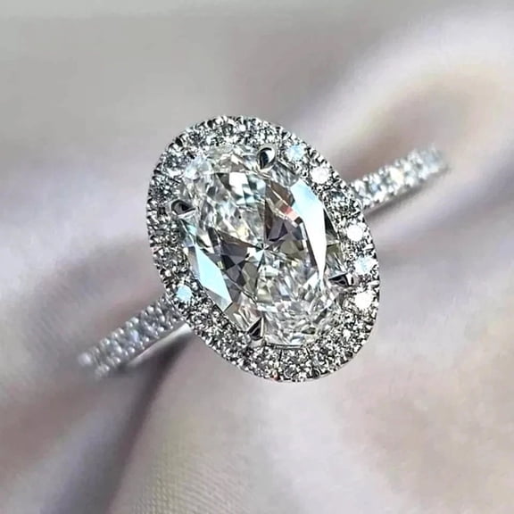 14K White Gold Plated Silver 3.60Ct Oval Cut Lab Created Diamond Halo Engagement Ring