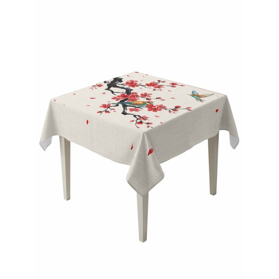 Red Spring Floral Table Cloth, Waterproof Tablecloth for Square Tables, Birds Branches Watercolor Flowers Rustic Reusable Washable Fabric Table Cover for Restaurant Kitchen Dining Tables 60"x60"