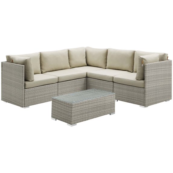 Modern Contemporary Urban Outdoor Patio Balcony Garden Furniture Lounge Sectional Sofa and Table Set, Sunbrella Rattan Wicker, Light Gray Beige