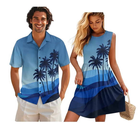 KUIFORTI Hawaii Matching Couple Outfits Blue Palm Tree Women's Casual Dresses & Men's Hawaiian Shirt for Beach Seaside Lightweight with Soft Fabric Quick-dry