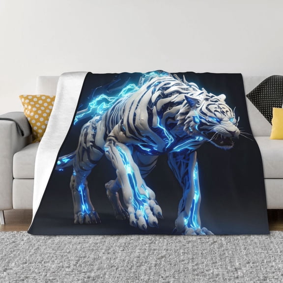 Naloa Futuristic Blue Light White Tiger Flannel Blankets - Thick and Warm Blanket for Winter, Soft Fuzzy Plush King Blanket for All Seasons40"x30"