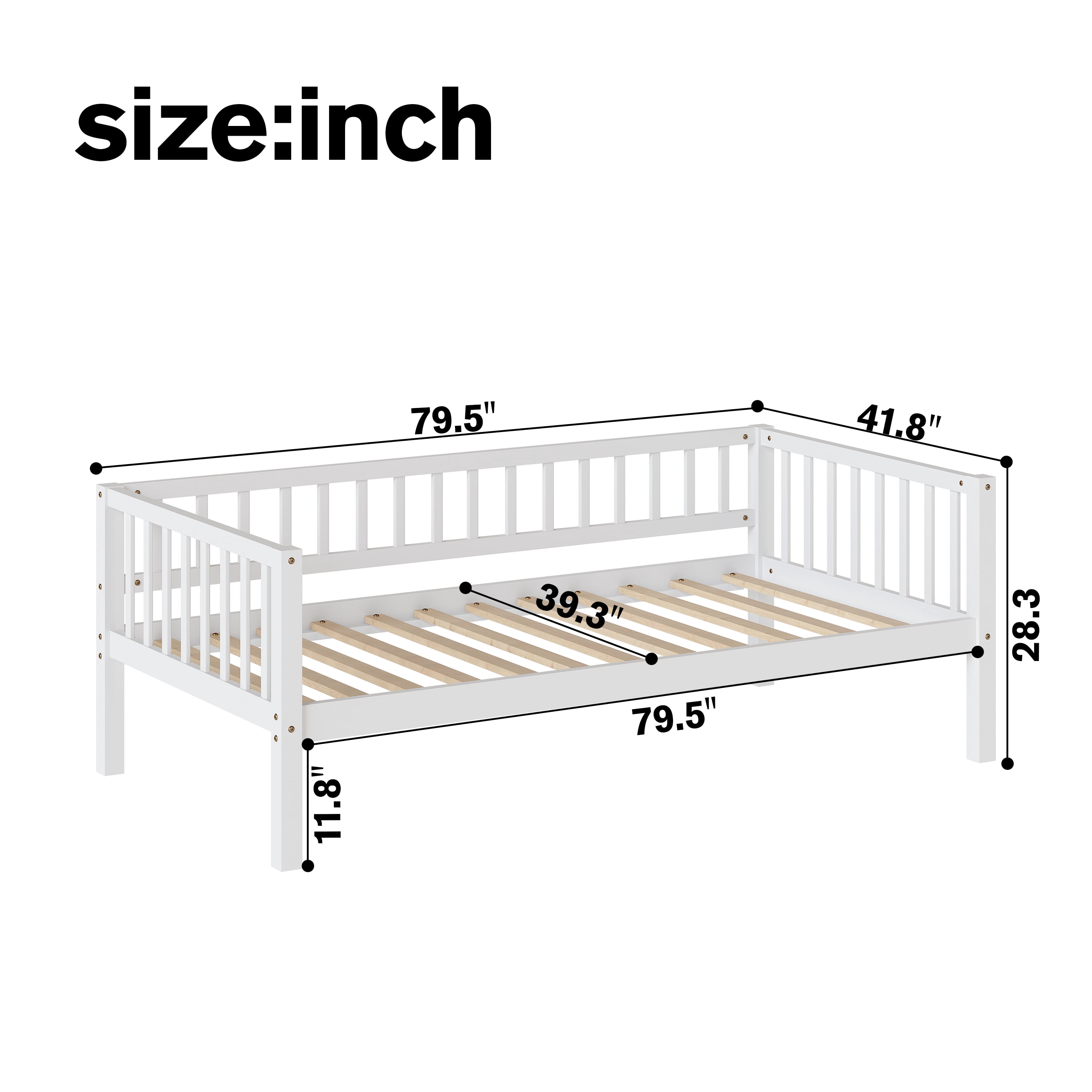 GARITIN Twin Size Daybed, 3-Sided Vertical Slat Guardrail Bed Frame, Breathable Wooden Slat Support Leisure Bed for Kids Bedroom Guest Room, White