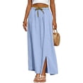 thumbnail image 2 of Cotton Linen Maxi Skirt, High Waisted Flowy Long Skirt with Side Slit, Casual Elastic Waist Drawstring Midi Skirt, Solid Color, 2 of 5