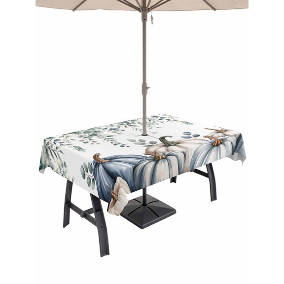 Outdoor Tablecloth with Umbrella Hole and Zipper, Blue Grey Pumpkins Fall Rectangle Table Cloth 60x102 Inch Waterproof Tablecloth, Eucalyptus Leaves Thanksgiving Picnic Table Cover for Patio Camping